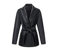 RISISSIDA Women Faux Leather Blazer Jackets/Shacket for Spring and Fall Fashion, Vegan Leather Button Down Coats, Blazer-black-with Detachable Belt, XL