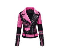 RISISSIDA Women Faux Leather Jacket Moto Biker Studded Rivet Trendy Clothes Spring Fall Fashion, Short Punk Streetwear Belted, 076 Black-pink, L