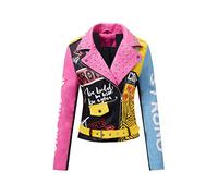 RISISSIDA Women Faux Leather Jacket Studded Rivet Spring Fall Winter Fashion, Moto Biker Trendy Clothes Streetwear Belted, 75 Black-pink, L