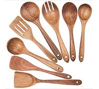 rismart 8pcs Wooden Cookware Kitchen Utensil Nonstick Natural Wood Spatula, Spoon, Colander and Salad Fork Cooking Set, 8pcs