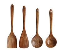 rismart 8pcs Wooden Cookware Kitchen Utensil Nonstick Natural Wood Spatula, Spoon, Colander and Salad Fork Cooking Set, 4pcs