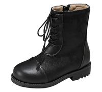 rismart Girl's Mid Calf Biker Boots Kid Riding Lace up Winter Shoes, Black, 12.5