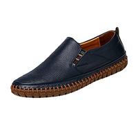 rismart Men's Casual Flat Loafers Leather Slip on Driving Shoes Slippers Navy Blue,9