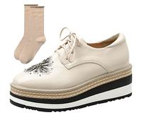 rismart Women Embroidered Platform Oxfords Shoes Square Toe Casual Lace ups Apricot,3.5