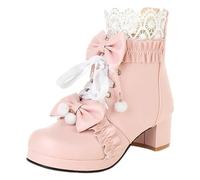 rismart Women's Ankle Boots Platform Chunky Heel Round Toe Back Zip Cute Lolita Cosplay Bootie Shoes Pink, 5.5 UK
