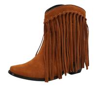 rismart Women's Cowboy Ankle Boots Fringed Wide Calf Square Toe Western Bootie Yellow Brown, 6 UK