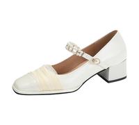 rismart Women's Mary Jane Square Toe Pearl Rhinestone Beaded Strappy Low Heel Dress Pumps Shoes Beige, 5.5 UK