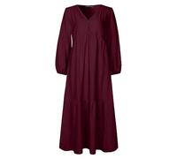 rismart Women's Maxi Long Sleeve Dress with Pockets A Line V Neck Tiered Long Dresses, Wine Red, M
