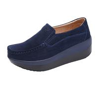 rismart Women's Suede Leather Wedge Heel Trainers Platform Shoes Slip on Loafers, Navy Blue, 4.5 UK