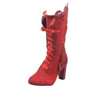 rismart Women's Victorian Mid-Calf Boots Lace up Round Toe Vintage Gothic Boots Red, 7.5 UK