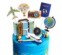 Rismise Adventure Cake Toppers - Airplane, Map, Camera, Heart, Suitcase Decorations for Travel Themed Party