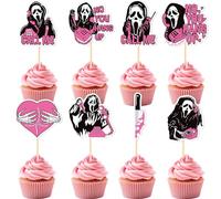 Rismise Horror Movie Cupcake Topper 24pcs Pink Horror Ghost Cupcake Picks Halloween Killer Cake Toppers No You Hang Up Killer Birthday Cupcake Picks for Halloween Pink Party Cake Decorations Supplies