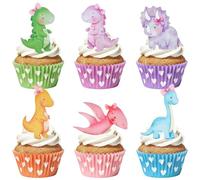 Rismise Pink Dinosaur Cupcake Toppers 36Pcs Dino Cupcake Decorations Dino Cake Cupcake Picks Pink Dinosaur Birthday Decorations for Girl Three Rex Themed Baby Shower Birthday Jungle Safari Wild Party