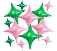 Rismise Pink Green Star Balloons 12Pcs Green Pink Stars Foil Balloons Four Angle Star Foil Balloons Quadrangle Stars Foil Balloon Witch Party Balloon for Witch Themed Birthday Party Background Decors