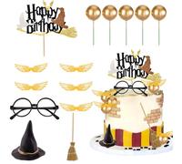 Rismise Wizard Cake Topper 16PCS Magical Wizard Themed Cake Decorations Gold Ball Cupcake Cake Picks with Glasses Wings Hats for Halloween Birthday Magical School Party Supplies