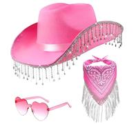 Ristyur Pink Rhinestone Tassel Cowboy Hat with Scarf and Heart Glasses, Sparkly Women's Cowgirl Hat for Club Masquerade