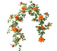 Risveglio Artificial Rose Garland 6FT, Realistic Silk Fake Flower Vine for Wedding Home Party Decor, Red(Orange)