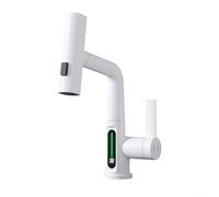 Risveglio Brass Pull Out Kitchen Faucet with Real Time Temperature Display for 360 Rotatable Sprayer Head Bathroom Laundry Room White(White)