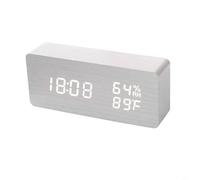 Risveglio LED Wooden Clock with Voice Control, Digital Display Time Temperature Humidity Date, 3-Level Brightness, USB or Battery Powered, Modern Decor Home Office Desk, 15x7x4cm(D)