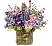 Risveglio Natural Rattan Artificial Flower Wreath, 40x35cm Lavender Basket with Pink Berries, Safe Wall Hanging Ornament Living Room, Bedroom, Cafe and Office