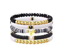 Risyfjew Initial Bracelet for Women Personalized Clay Beaded Bracelets Dainty Letter Gold Charms Surfer Heishi Trendy Stackable Bracelet Boho Jewelry Gifts, 19cm, Beaded,Beads, no gemstone
