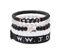 Risyfjew WWJD Bracelet Set for Women Men Adjustable WWJD Wristbands Christian Cross Bracelet Stackable Boho Clay Bead Bracelets Stretch Glass Beaded Inspirational Christian Jewelry Gift, 19cm, Beaded