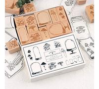 RisyPisy Wooden Rubber Stamp Set, 10pcs Decorative Rubber Stamps with Mushroom & Specimen Bottle Printed & 12 Sheets Jar Shape Card for Card Making, DIY Craft, Stationery Scrapbooking, Diary Décor