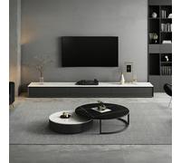Rit Concept Vasagle Living Room Set, Vasagle TV Stand With Coffee Table, Sintered Stone - Both White With Gold Line Tops - 240cm( Black Wood + White Top ) - 70cm+90cm