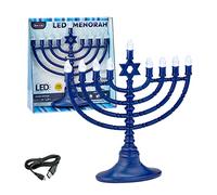Rite Lite Blue Plastic Electric LED Low Voltage Chanukah Menorah with Clear Bulbs - Hanukkah Menorah Battery or USB Powered - Includes a Micro USB 4' Charging Cable