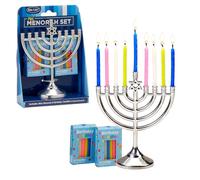 Rite Lite Mini Menorah Set with 48 Multicolor Birthday Candles - Portable Chanukah Candle Holder Diecast Aluminum Menorah Hanukkah Gifts Jewish Party Favors Living Room Holiday Decor Centerpiece 5" H