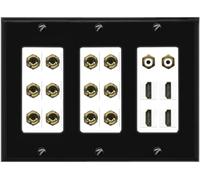 RiteAV 6.2 Surround Sound 6 Speaker 12 Banana Plug Jack Wall Plate w/ 2 RCA Subwoofer + 4 HDMI Female Connectors - 3 Gang [Black/White]