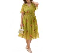RITERA Plus Size Dress Short Sleeve V Neck Chiffon Boho Floral Dresses Summer Beach Party Wedding Guest Flowy Long Dress, Green Yellow F, 3XL