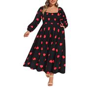 RITERA Plus Size Dresses for Curvy Women Square Neck Fall Long Sleeve Floral Smocked Maxi Dress with Pocket XL-5XL, Heart Black, XL