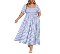 RITERA Plus Size Dresses for Curvy Women Square Neck Short Sleeve Summer Floral Smocked Maxi Dress with Pocket XL-5XL, Gingham Blue, 5XL