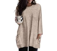 RITERA Plus Size Top for Women Long Sleeve Tunic Tops Winter Shirts Fall Casual T-shirts with Pockets Crewneck XL-5XL, Ribbed Solid Color Khaki, XXL Plus