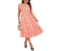 RITERA Womens Plus Size Summer Dresses V Neck Boho Floral Midi Dress Ruffle Sleeve Smocked Casual Sundress with Pockets, Pink Floral, 3XL