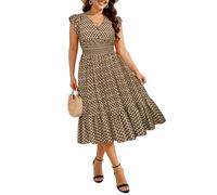 RITERA Womens Plus Size Summer Dresses V Neck Boho Floral Midi Dress Ruffle Sleeve Smocked Casual Sundress with Pockets, Brown Geo-print, 3XL