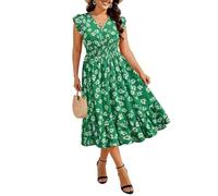 RITERA Womens Plus Size Summer Dresses V Neck Boho Floral Midi Dress Ruffle Sleeve Smocked Casual Sundress with Pockets, Green Floral, 3XL