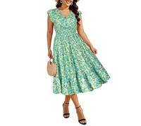 RITERA Womens Plus Size Summer Dresses V Neck Boho Floral Midi Dress Ruffle Sleeve Smocked Casual Sundress with Pockets, Green Yellow Floral, 3XL