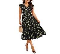RITERA Womens Plus Size Summer Dresses V Neck Boho Floral Midi Dress Ruffle Sleeve Smocked Casual Sundress with Pockets, Black Floral, 3XL
