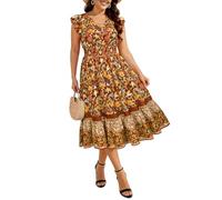 RITERA Womens Plus Size Summer Dresses V Neck Boho Floral Midi Dress Ruffle Sleeve Smocked Casual Sundress with Pockets, Terracotta Boho Floral, 3XL
