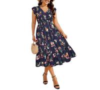 RITERA Womens Plus Size Summer Dresses V Neck Boho Floral Midi Dress Ruffle Sleeve Smocked Casual Sundress with Pockets, Navy Blue Floral, 3XL