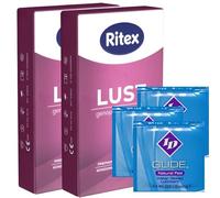 Ritex Lust Genoppt und Gerippt (Ribbed and Dotted), 2x8 (16) stimulating Condoms with Triple Stimulation Effect + 3X ID Glide Lube 3ml Lubricant