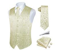 Rithern Beige Waistcoat Men Silk Paisley Floral Waistcoat Jacquard Waistcoats Tie Pocket Square Set For Wedding Party Business Suit Vest set M
