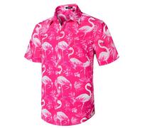 Rithern Hawaiian Shirts Flamingo Short Sleeve Summer Casual Hawaii Shirts for Men Funky Beach Tropical Holiday Aloha Lapel Regular Fit with Pocket Rose 2XL