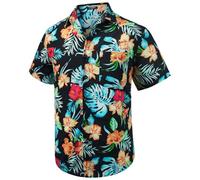 Rithern Mens Hawaiian Shirt Short Sleeved Funky Floral Print Hawaii Shirt for Man Front Pocket Regular Fit for Holiday Party Black & Orange L