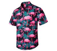 Rithern Men's Hawaiian Shirts Short Sleeved Flamingo Summer Funky Casual Hawaii Shirt Beach Holiday Party Regular Fit with Pocket Black & Pink XL