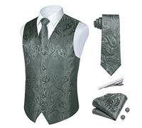 Rithern Men's Waistcoat Dark Grey Paisley Waistcoats Floral Jacquard Silk Waistcoat Tie Pocket Square Set For Wedding Casual Party Business Suit Vest set M