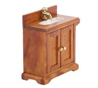 RiToEasysports Dollhouse Sink Cabinet Miniature Floor Standing Sink with Double Doors 1:16 Scale Birch Wood Interactive Design for Kids Playrooms (Walnut Color)