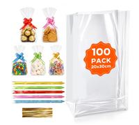 RITOLLO 100 Pack Cellophane Bags 20 x 30 cm, Extra Thick 3 MIL, with Bows & Twist Ties, Clear Gusseted Gift Bags, Food Safe Plastic Treat Bag for Mugs, Hampers, Cookies, Party Favours & Retail Package